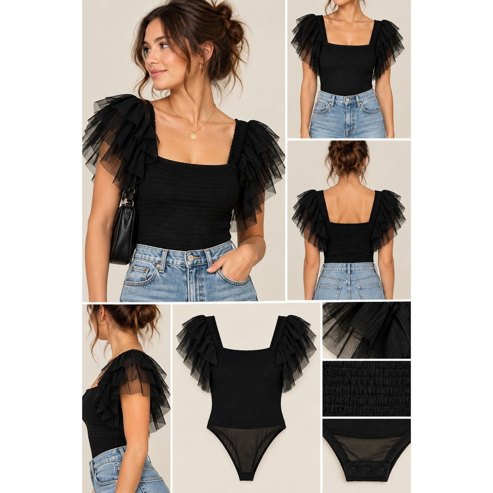 Blue Buttercup Tulle Sleeve Bodysuit Small Black Smocked Ruffle Square Neck New